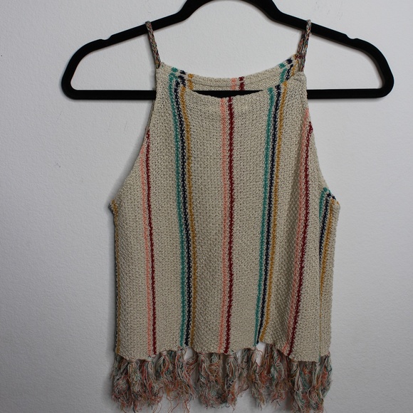 COCO & Jaimeson Beige Colorfull Stripped Fringe Open Weave Neck Knit Tan… - Picture 3 of 5